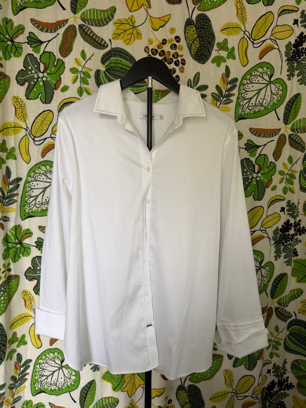 Chico’s White Button Down Shirt Size 2 US 12 Black Stitch Detail